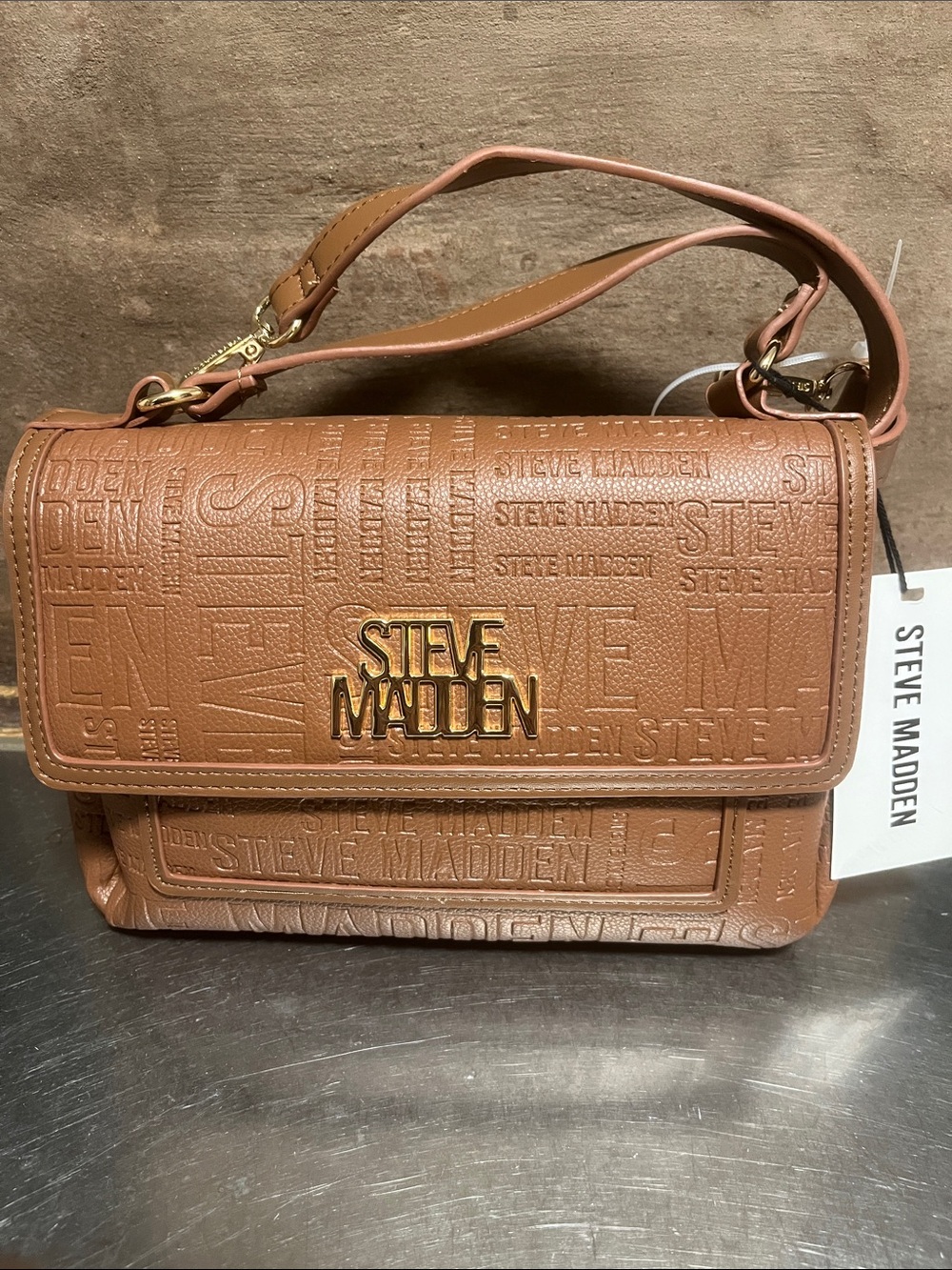 Steve Madden Embossed Logo Crossbody in Tan Brown with Gold Hardware